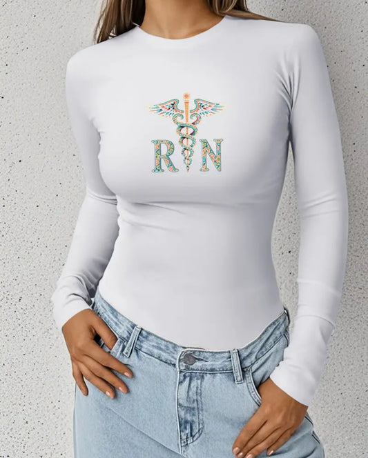 White “RN” fitted long sleeve shirt