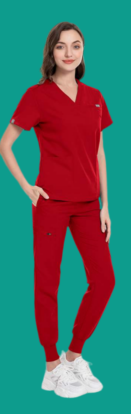 Red V-neck 2pc jogger